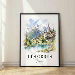 Les Orres Watercolor Travel Poster – Alpine Village Church