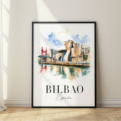 Bilbao Watercolor Travel Poster – Guggenheim and Maman Spider