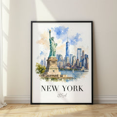 New York City Watercolor Travel Poster – Liberty and Manhattan Skyline