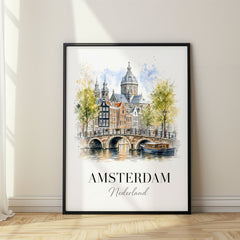 Amsterdam Watercolor Travel Poster – Canal Houseboat