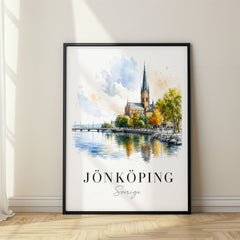 Jönköping Watercolor Travel Poster – Sweden