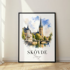 Skövde Watercolor Travel Poster – Sweden