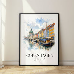 Copenhagen Watercolor Travel Poster – Nyhavn with Marble Church