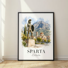 Sparta Watercolor Travel Poster – Leonidas Statue and Church