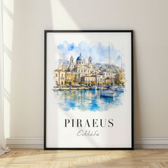 Piraeus Watercolor Travel Poster – Blue Domed Harbour Church