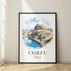Corfu Watercolor Travel Poster – Old Fortress and Temple