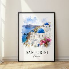 Santorini Watercolor Travel Poster – Caldera Clifftop Churches