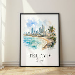 Tel Aviv Watercolor Travel Poster – Skyline Beach View