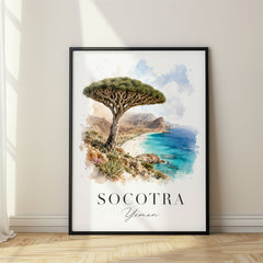 Socotra Watercolor Travel Poster – Dragon Tree Beach Bay
