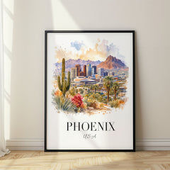 Phoenix Watercolor Travel Poster – Skyline with Camelback Mountain