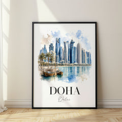 Doha Watercolor Travel Poster – West Bay Skyline