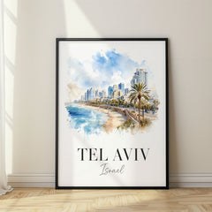 Tel Aviv Watercolor Travel Poster – Beachfront Promenade