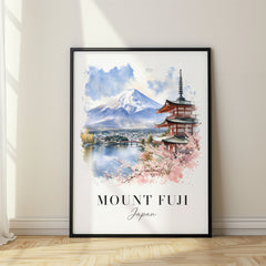 Mount Fuji Watercolor Travel Poster – Pagoda by Lake