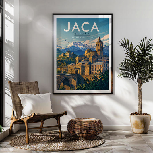 Jaca retro travel poster hung in a living room