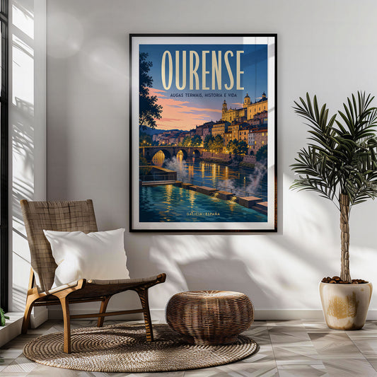 Ourense retro travel poster hung in a living room