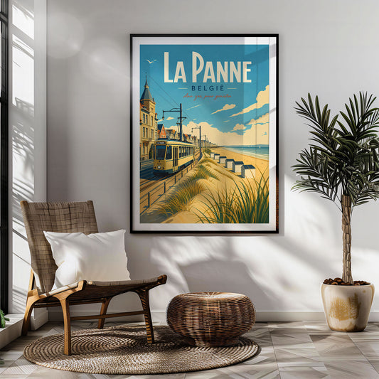 La Panne retro travel poster hung in a living room