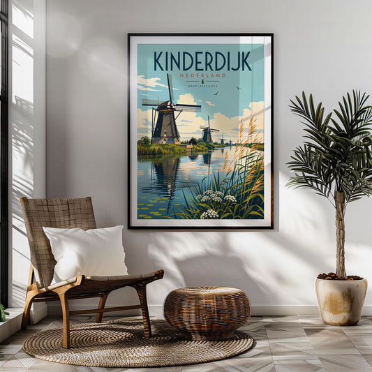 KIndiardijk retro travel poster hung in a living room