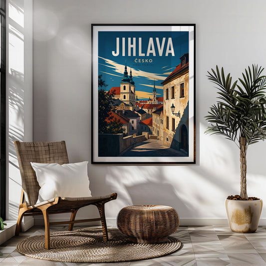 Jihlava retro travel poster hung in a living room