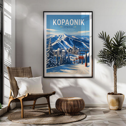 Kopaonik retro travel poster hung in a living room
