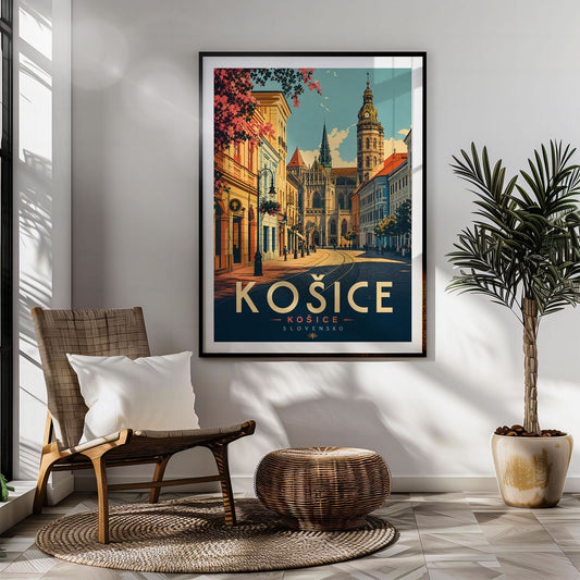 Košice retro travel poster hung in a living room