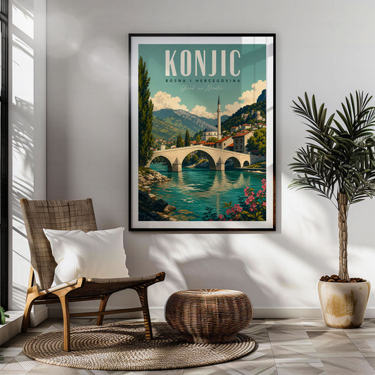 Konjic retro travel poster hung in a living room