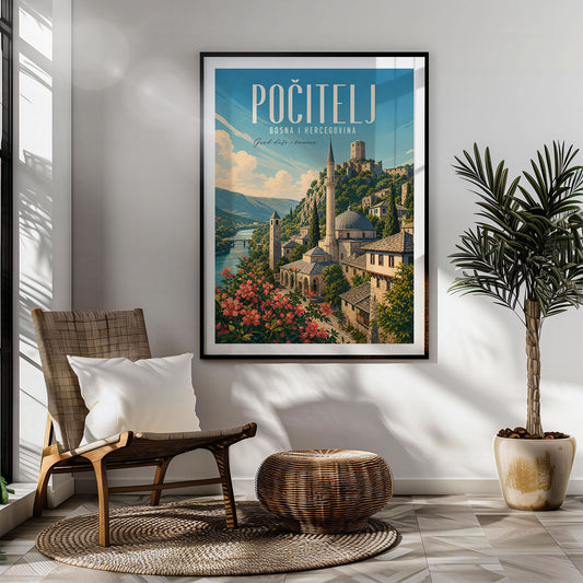 Počitelj retro travel poster hung in a living room