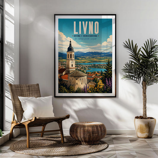 Livno retro travel poster hung in a living room