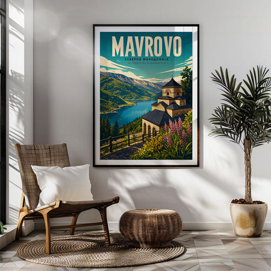 Mavrovo retro travel poster hung in a living room