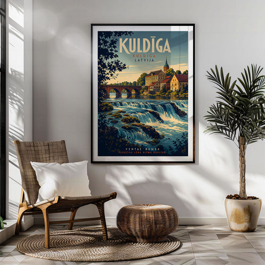 Kuldīga retro travel poster hung in a living room