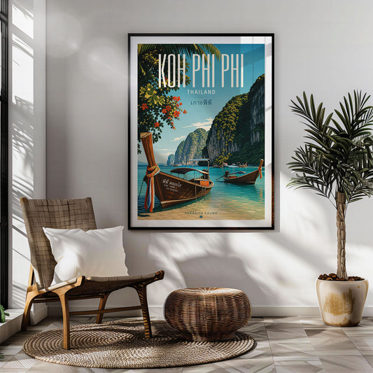 Koh Phi Phi retro travel poster hung in a living room
