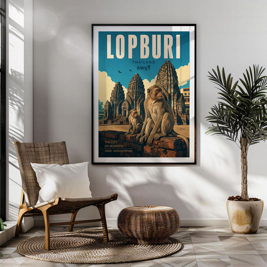 Lopburi retro travel poster hung in a living room