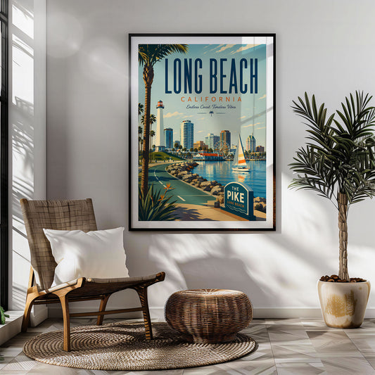 Long Beach retro travel poster hung in a living room
