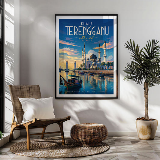 Kuala Terengganu retro travel poster hung in a living room