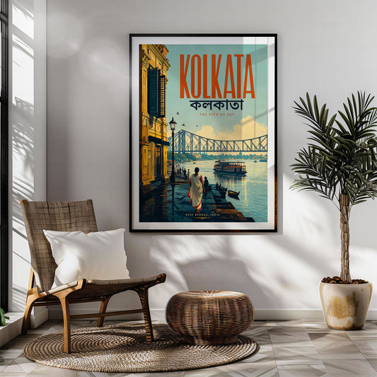 Kolkata retro travel poster hung in a living room