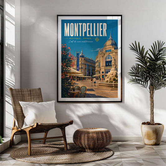 Montpellier retro travel poster hung in a living room