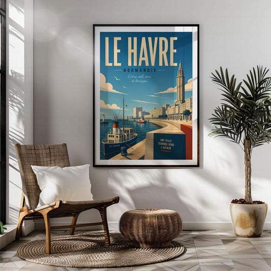 Le Havre retro travel poster hung in a living room