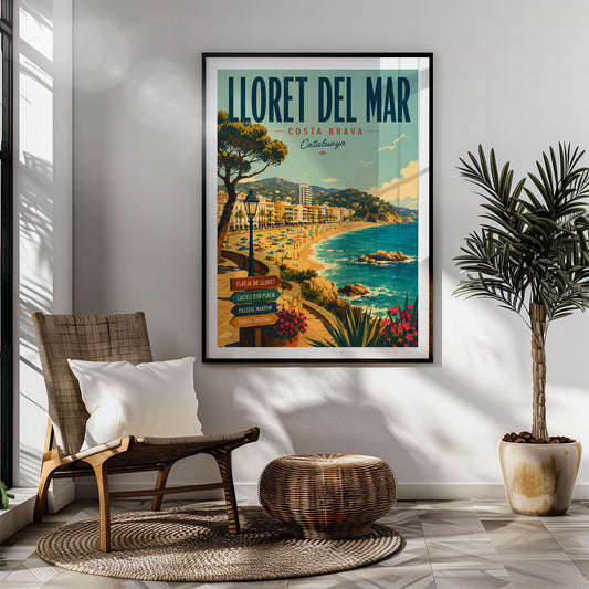 LLoret Del Mar Beach Signpost View retro travel poster hung in a living room
