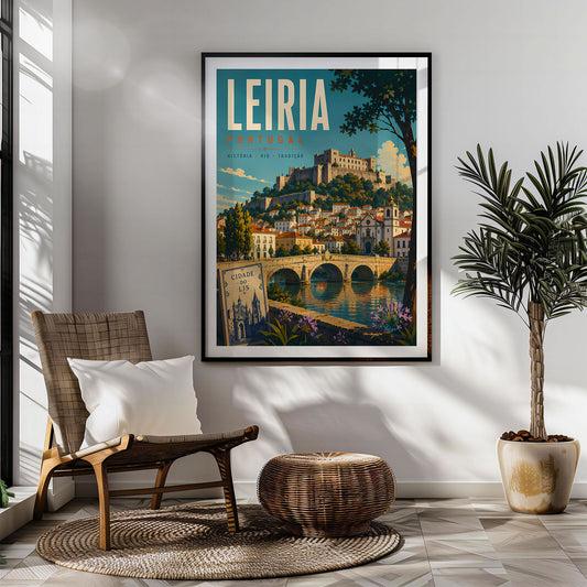 Leiria retro travel poster hung in a living room