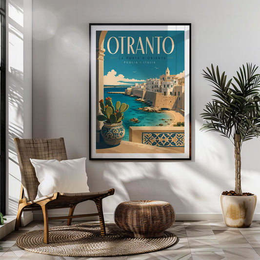 Otranto Coastal Walls and Cove retro travel poster hung in a living room