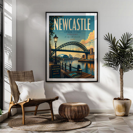 Newcastle retro travel poster hung in a living room