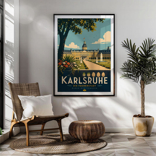 Karlsruhe retro travel poster hung in a living room