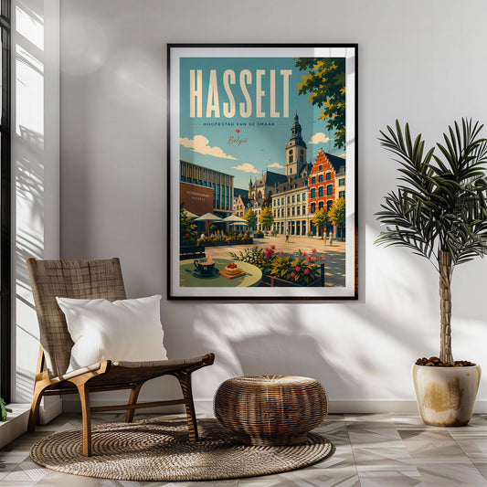 Hasselt retro travel poster hung in a living room