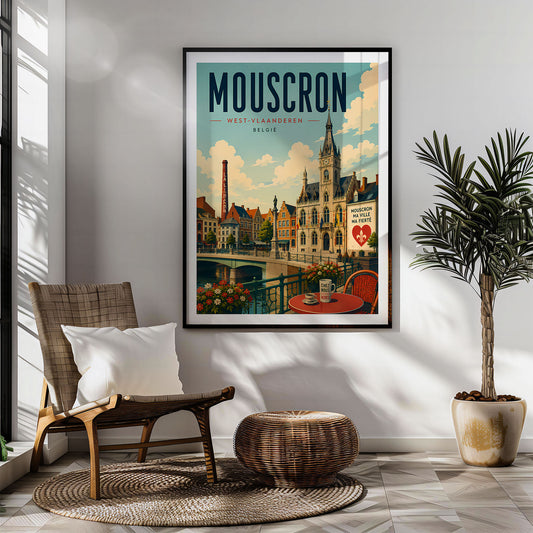 Mouscron retro travel poster hung in a living room