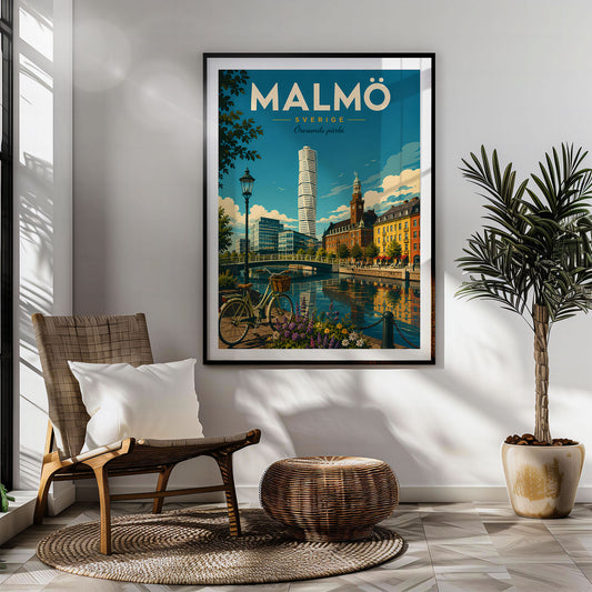 Malmö retro travel poster hung in a living room