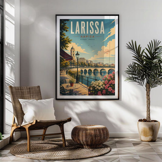 Larissa retro travel poster hung in a living room