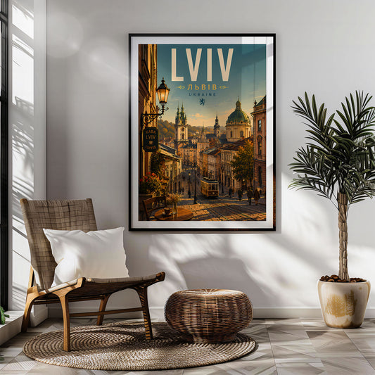 Lviv retro travel poster hung in a living room