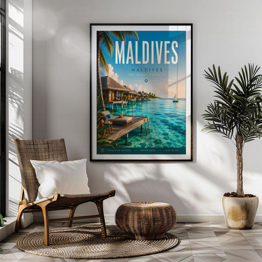 Maldives Villa Deck Lounger retro travel poster hung in a living room