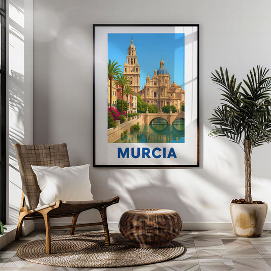 Murcia modern digital travel poster hung in a living room