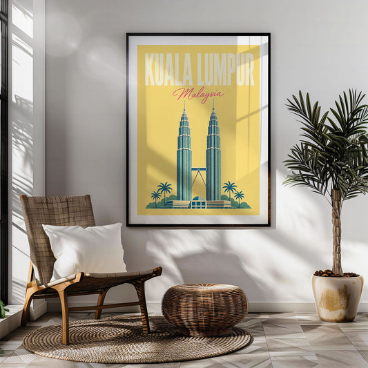 Kuala Lumpur pastel pop art travel poster hung in a living room
