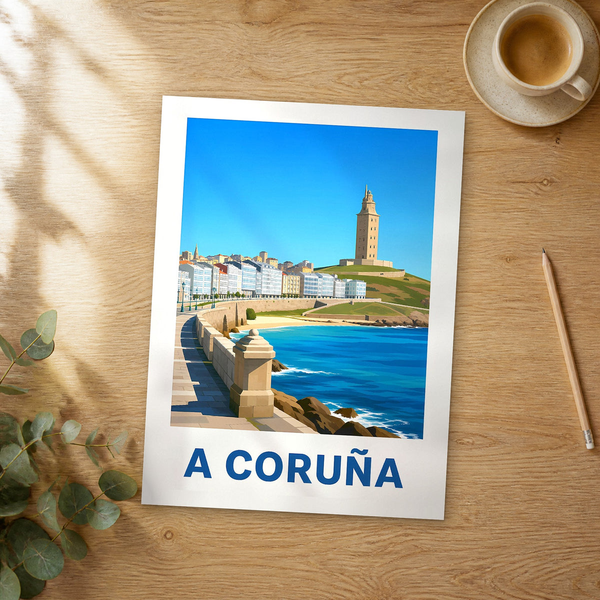 Unframed A Coruña modern digital travel poster on a wooden table